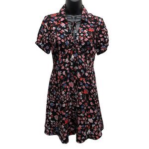Candies Floral Black Pink Blue Button Up Tie Collar‎ Dress Size Small